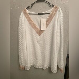 BloomChic  White V-Neck Long Sleeve Top with Beige Trim